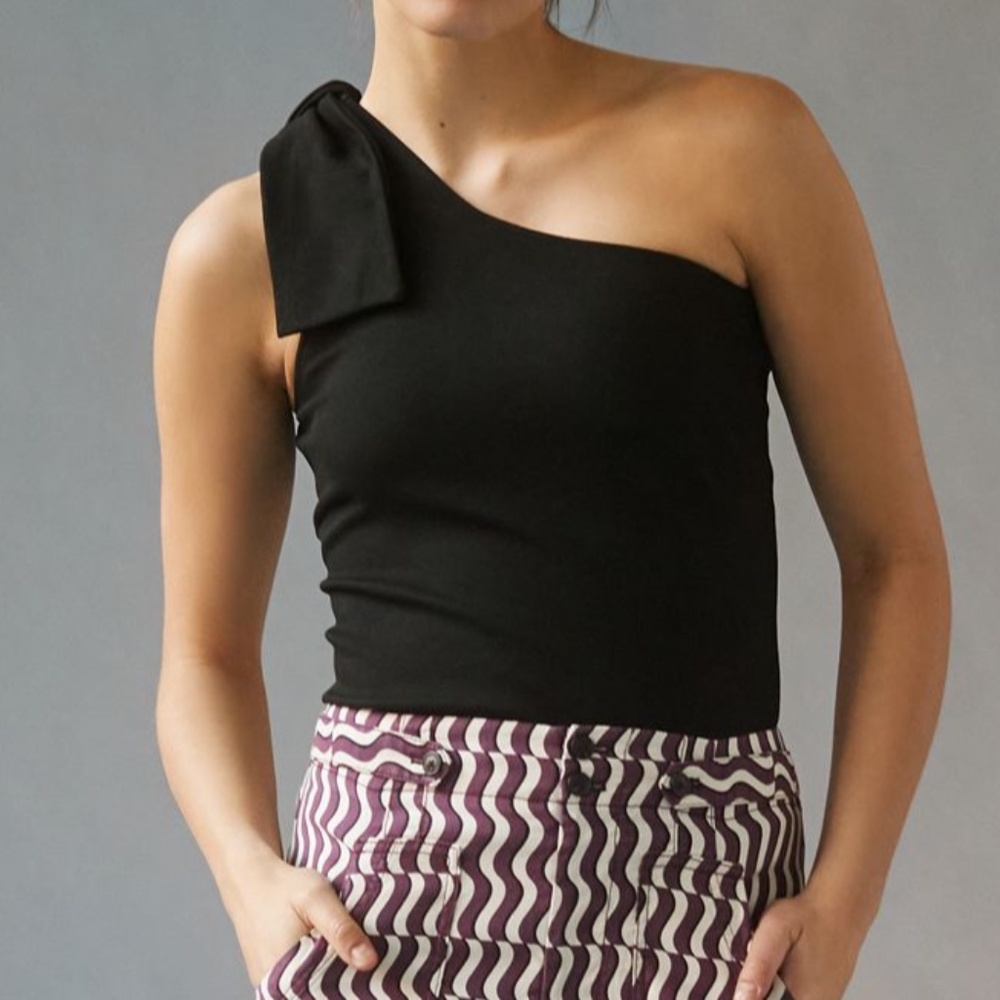 Anthropologie Black One Shoulder Tie Top Sz  L